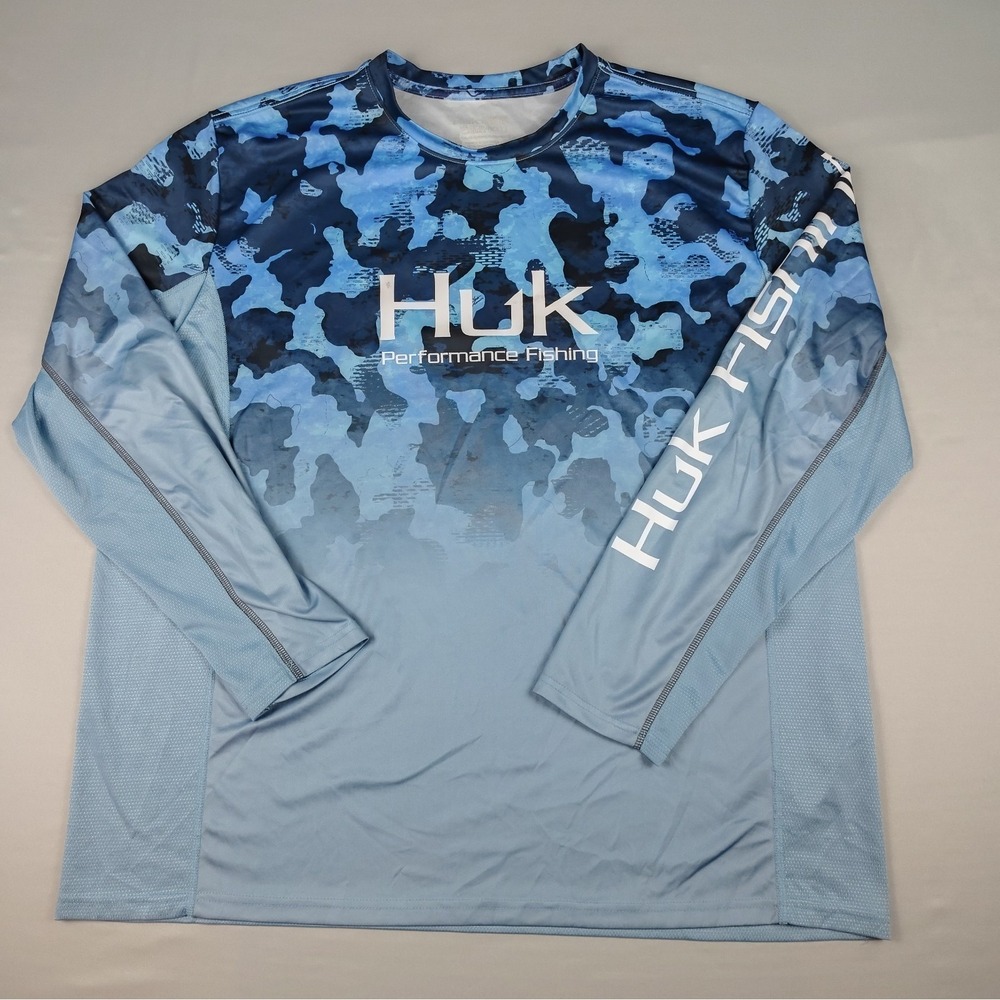 Huk Shirt Mens 2XL Blue Camo Performance Fishing Long Sleeve Outdoors Crew Neck